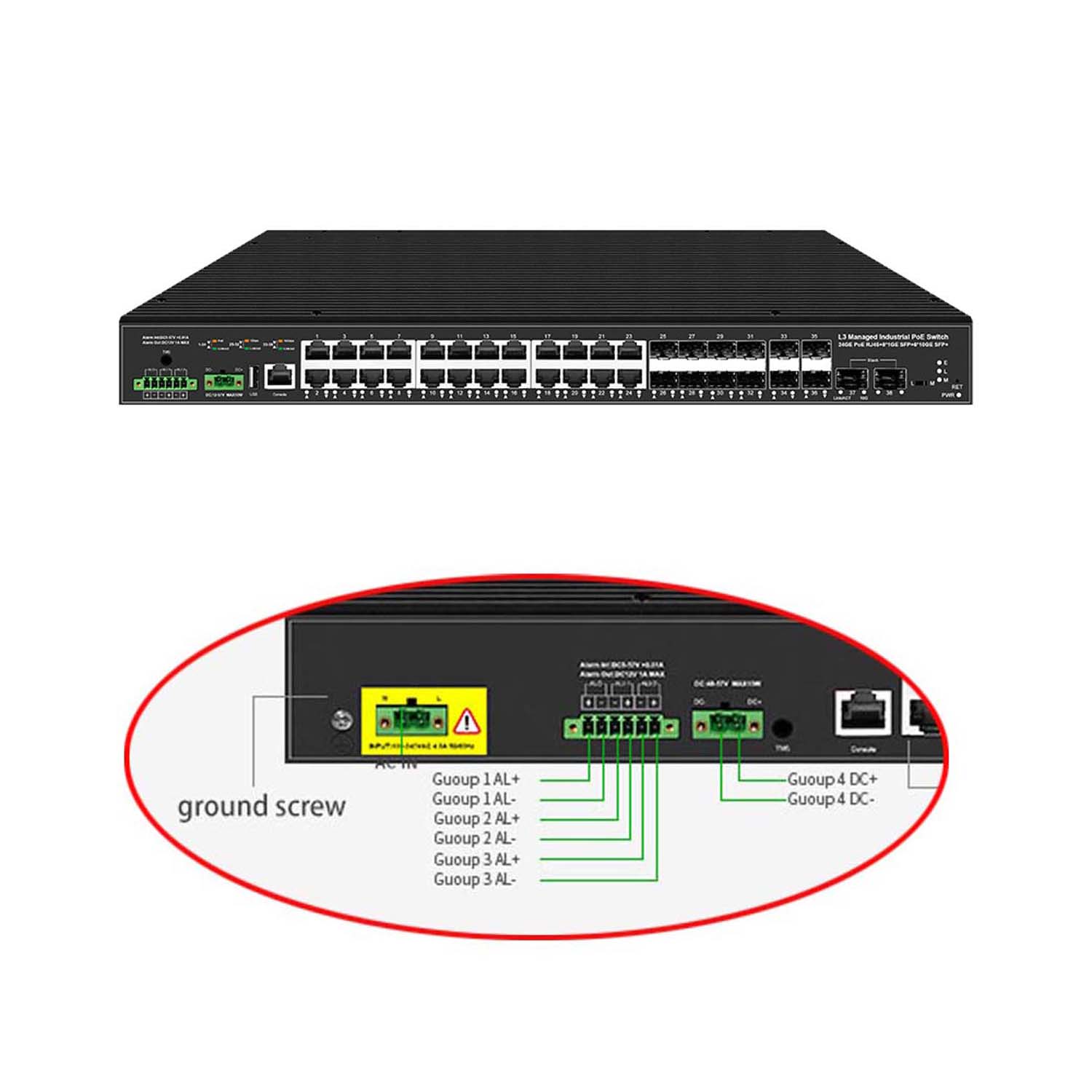 Sfp+ 10G Managed Switch 8 Port - 10Gアップリンク38ポート産業用L3マネージドスイッチ、24*1G PoEまたは非PoE+8*1G SFP+6*10G SFP+、ロジカルスタッキング、リング動作、デュアルACおよびDC